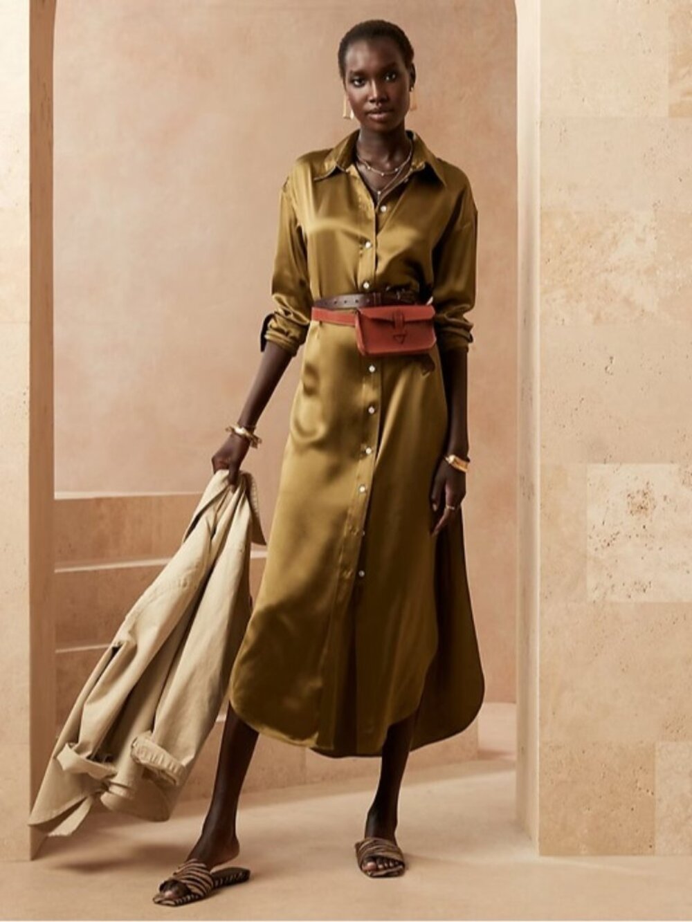 NWT Banana Republic Muse Silk Maxi in Cargo Green Belted Shirt Dress M $270 - Picture 2 of 8